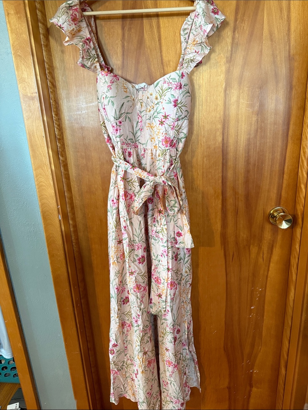 Blu Pepper Pink & Cream Floral Ruffle-strap Maxi Dress